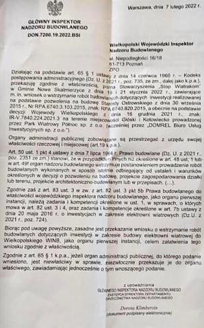 Główna Inspektor Nadzoru Budowlanego wskazuje Wojewódzkiej Inspektor z Poznania przepis nakazujący wstrzymanie budowy wiatraków w gminie Nowe Skalmierzyce! Czy ważniejsze dla niej będzie polskie prawo czy interes izraelskiego milionera?